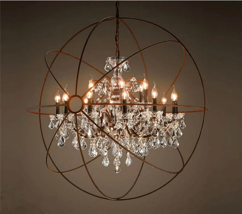Foucault S Orb Clear K9 Crystal Chandelier Rustic Iron Globe