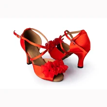 Женские латинский бальный танец, женские красные атласные сальсы, вечерние танцевальные туфли, каблук 8,3 см, Самба Танго, танцевальная обувь 1825