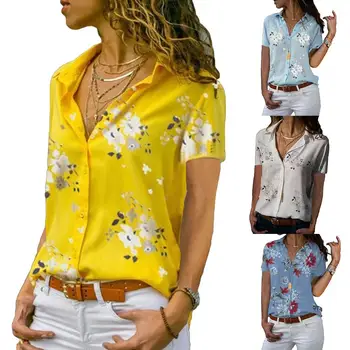

New Fashion Summer Women Floral Printed Long Sleeve V Neck Loose Shirt Blouse Top