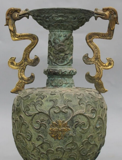 

11" Marked Chinese Dynasty Palace Bronze Gilt Carving Flower Dragon Vase Statue R0709