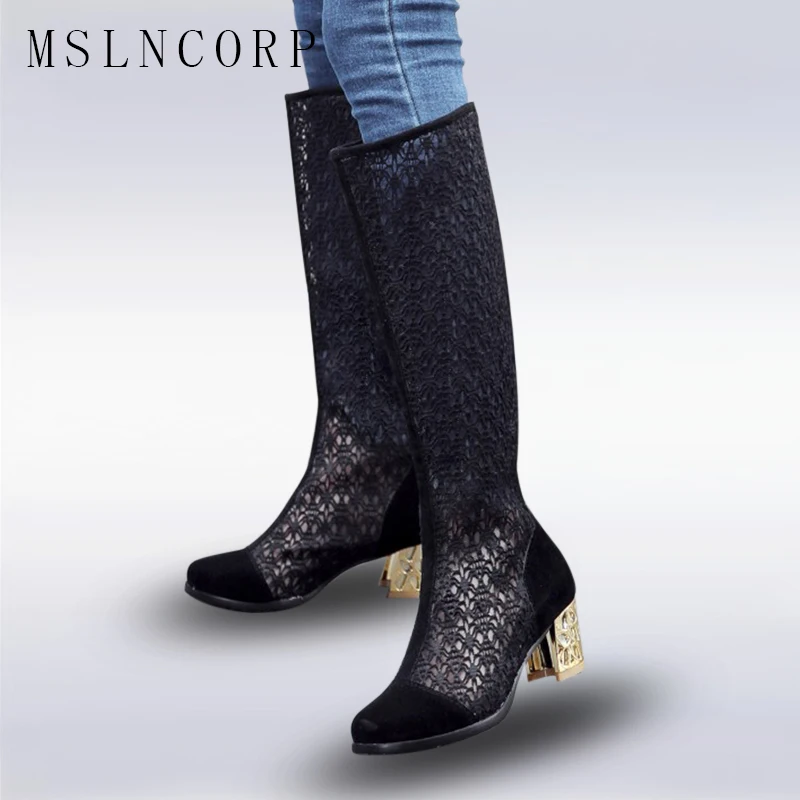 

Size 34-43 New Fashion Thigh High Heel Gladiator Sandals Boots Women Sexy Netted Cut-out Over Knee Zipper Lace Cool Boots Sandal