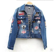 2016 spring autumn denim outerwear female long-sleeve loose HARAJUKU bf hole badge applique jacket women’s casual coat women top