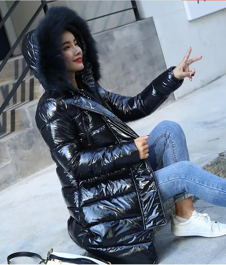 

2019 Winter new shiny coat female slim fit long down jacket thick fur collar hooded jacket