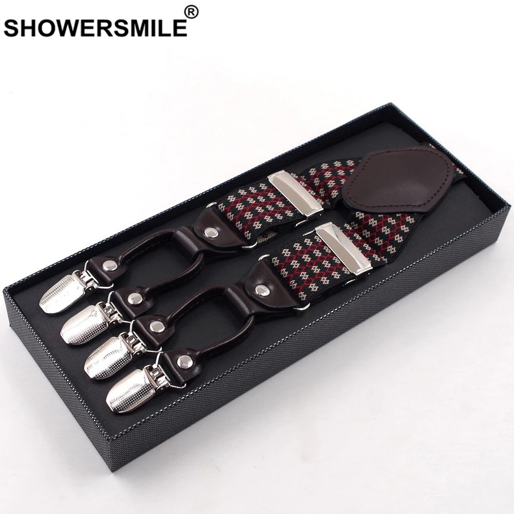 SHOWERSMILE мужские кожаные подтяжки, 6 клипов, Мужские штаны, ремень в клетку, Аргайл, формальная эластичная Подвеска для взрослых мужчин, s рубашка, подтяжки