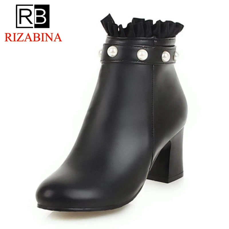 

RizaBina Office Lady Ankle Boots Beading Lace Fur Shoes Women Warm Winter High Heel Boots Plush Fashion Shoes Size 32-43