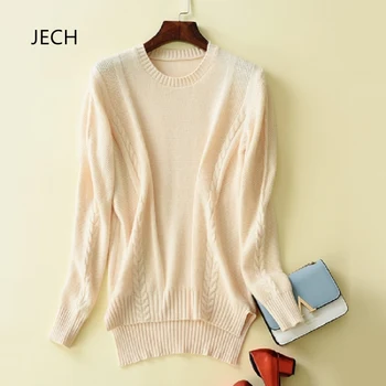 

JECH Fall winter New Round Cashmere neck Sweater Fashion pattern soft high-quality warm Women's Sweater short Solid pullovers