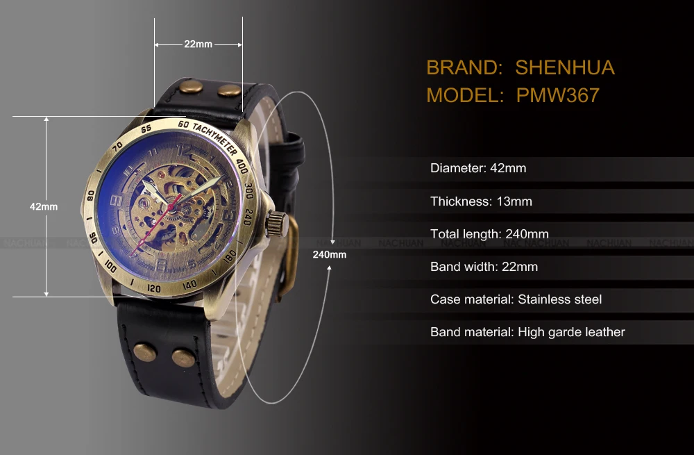 Механические часы для мужчин SHENHUA Ретро бронзовые спортивные Роскошные Топ брендовые кожаные часы Скелет автоматические часы Relogio Masculino