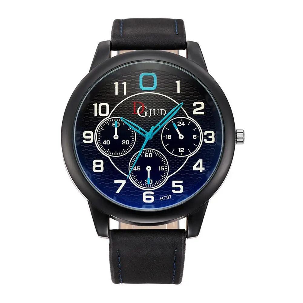 Новый стильный искусственная кожа мужские с большим циферблатом стекло Blue Ray Кварцевые аналоговые наручные часы в подарок