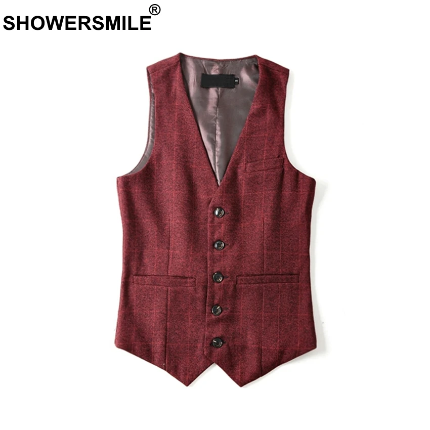 

SHOWERSMILE Burgundy Suit Vest Mens Autumn Winter Plaid Slim Fit Waistcoat Wool Vest England Style Sleeveless Blazer Gilet Homme