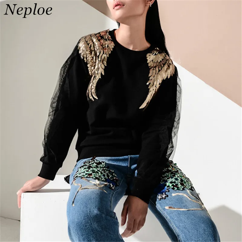 

Neploe Angle Wings Mesh Beading Women Hoodies Solid Thick Warm Female Pullover 2019 Autumn Winter New O-Neck Fashion Hoody 68772