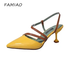 

FAMIAO 2018 New Female Pointed Toe Summer Sandals 7cm Women Mixed Colors High-heel Shoes Cross-tied Ladies Ankle Strap Shoes