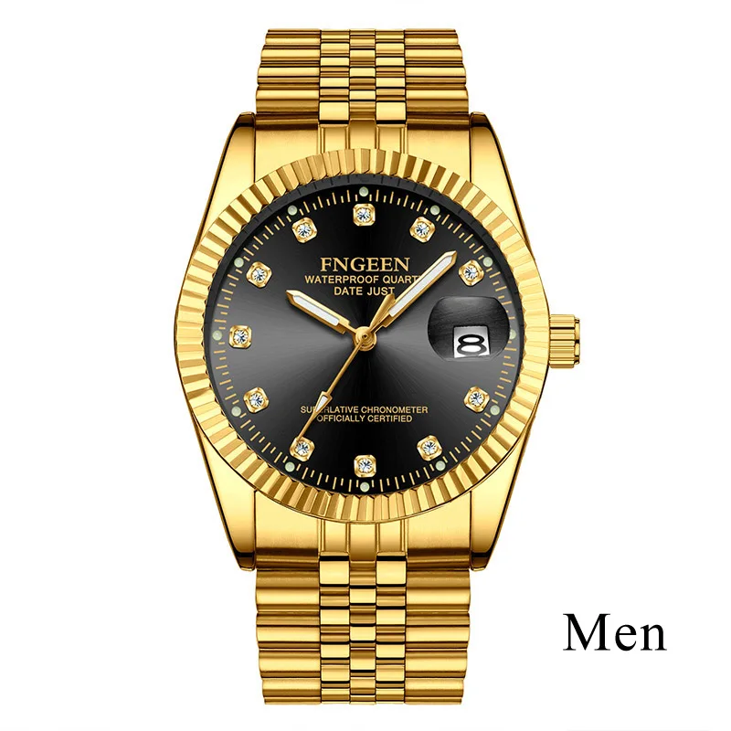 Золотые часы для мужчин Топ бренд класса люкс с бриллиантами кварцевые часы для пары женские со стальным ремешком светящиеся часы Reloj Hombre Love - Цвет: Men Steel Gold Black