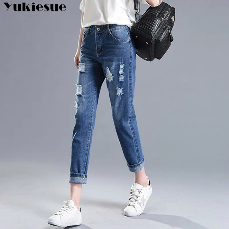 2018 Winter Ripped Jeans Woman High Waist Boyfriend Jeans For Women Plus Size Blue Black White Denim Mom Jeans Pants Trousers