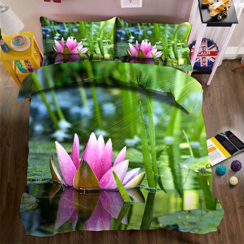 

Lotus and green leaves in water 3d effect photo bed linen can be customized photo pattern