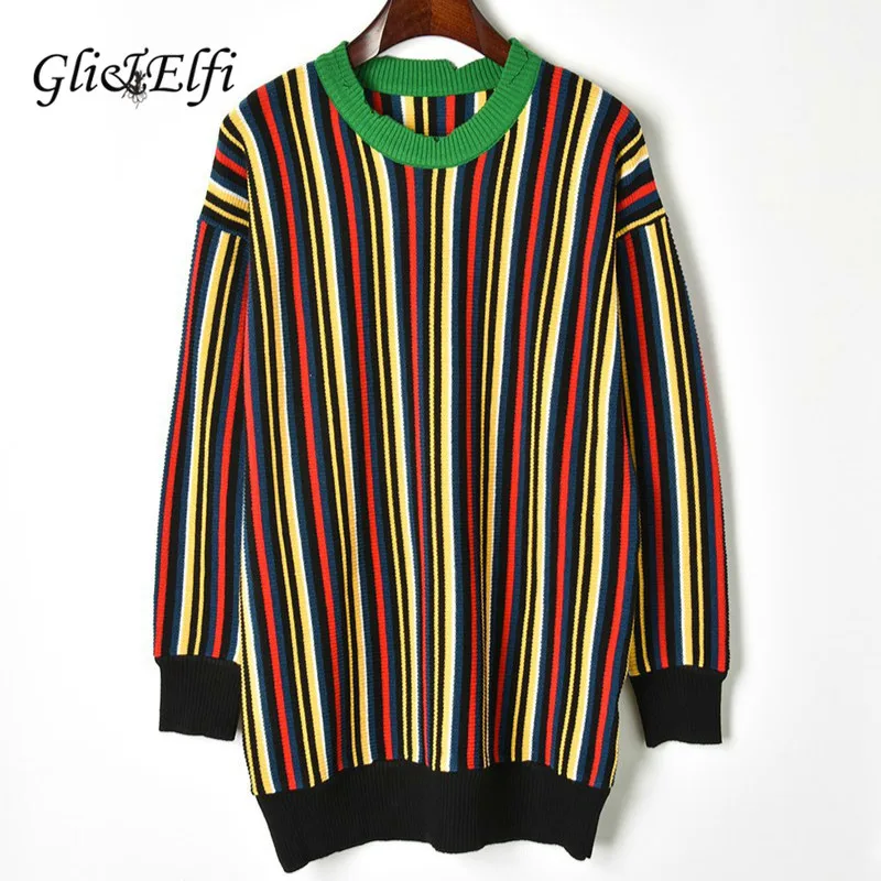 

Women Multicolor Striped Pullover Long Sweater Jacquard Knitwear 2018 Autumn Winter Casual Jumper Lady Knitted Retro Loose Tops