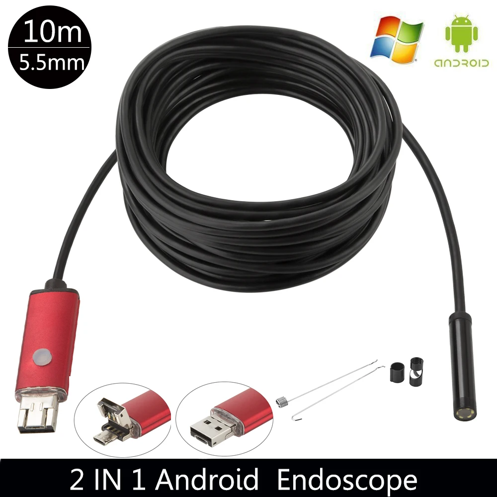 JCWHCAM HD 480 P 0.3MP 5,5 мм Android USB эндоскоп камера 6LED Змея гибкий USB эндоскоп 10 м Android OTG usb-бороскоп камера