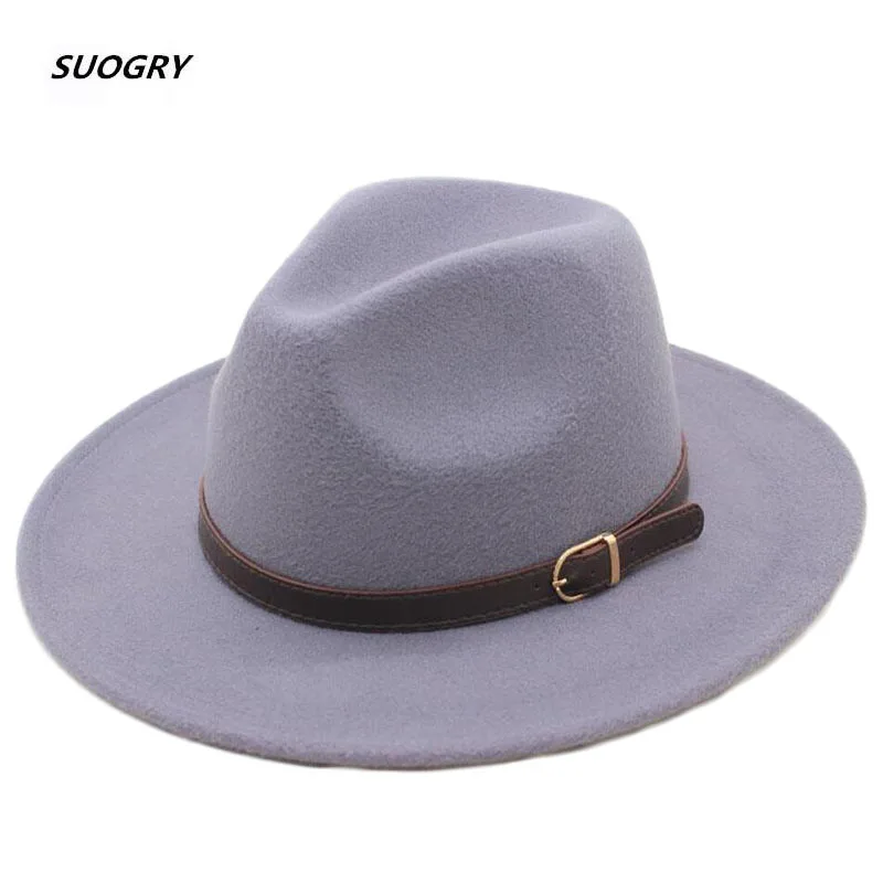 Котелок шляпа мужская мода мелкой Fedora шапки классический унисекс, однотонный ремень золотой пряжкой большой размеры шапки 57 см шерсть Теплый мужской