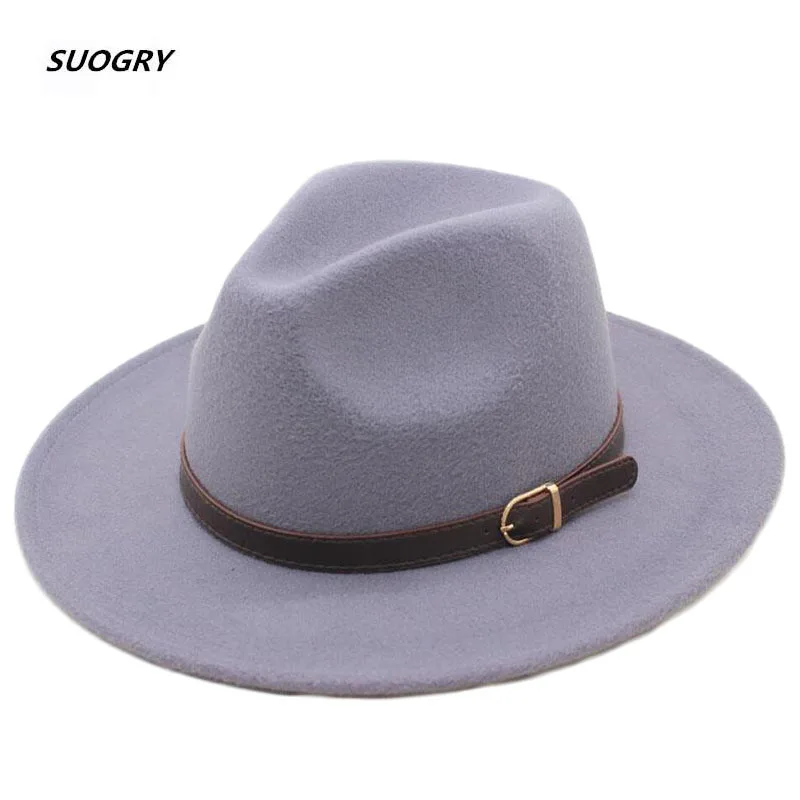 

Bowler Hat Man Men's Fashion Shallow Fedora Hats Classic Unisex Solid Color Belt Gold Buckle large Size Caps 57CM Wool Warm Male