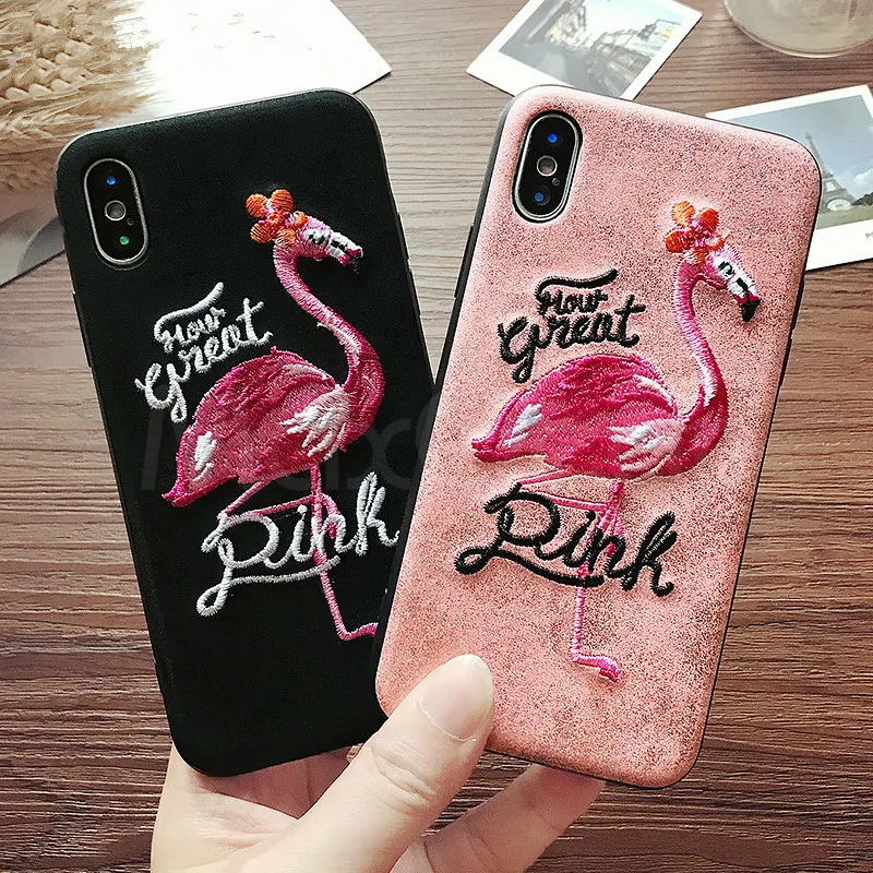 

Luxury 7 Patterns Handmade 3D Embroidery Flamingo Pink Panther Phone Case For iPhone 6 6S 7 8 Plus X Leather Tiger Back Cover