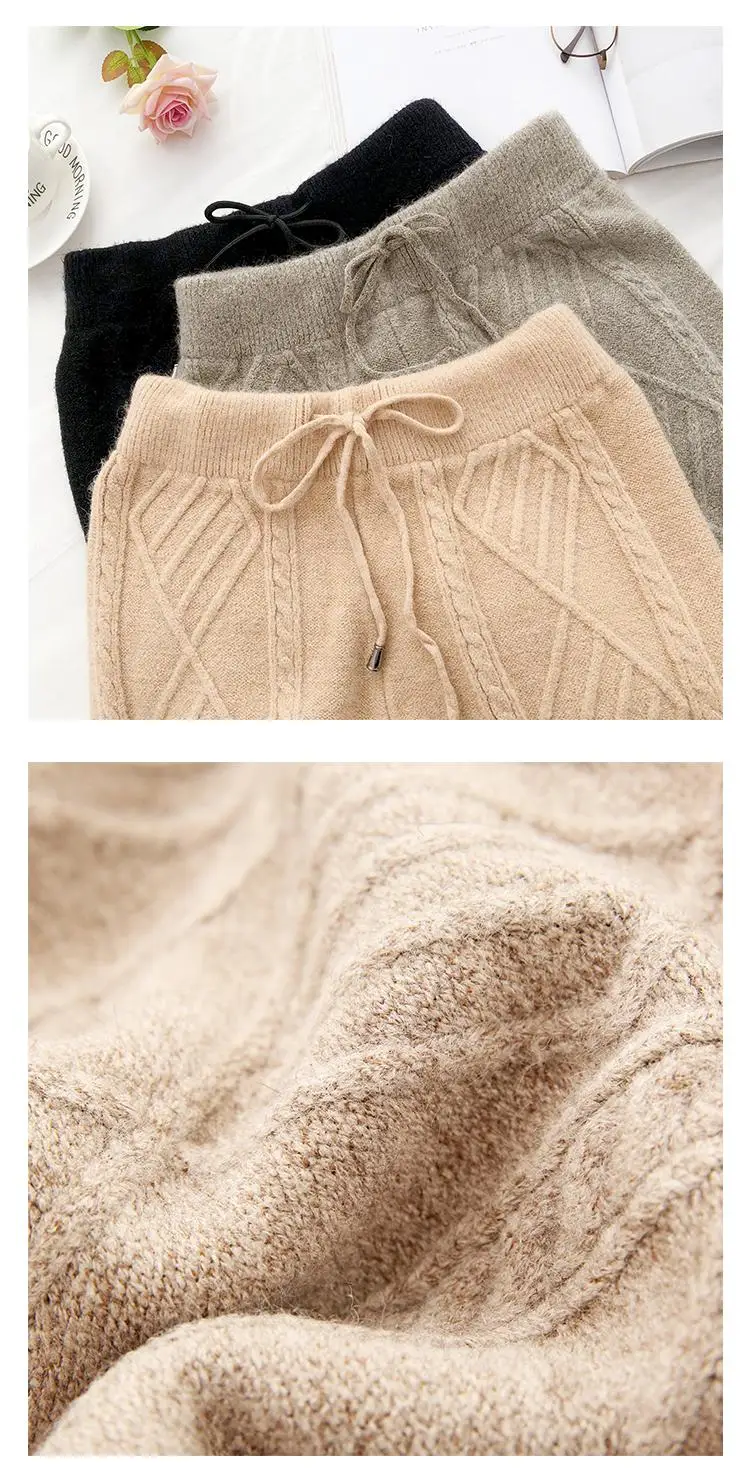 Продвижение Drawstring o-образным вырезом полный и американский свитер с брюками два Стильный вязаный женский костюм