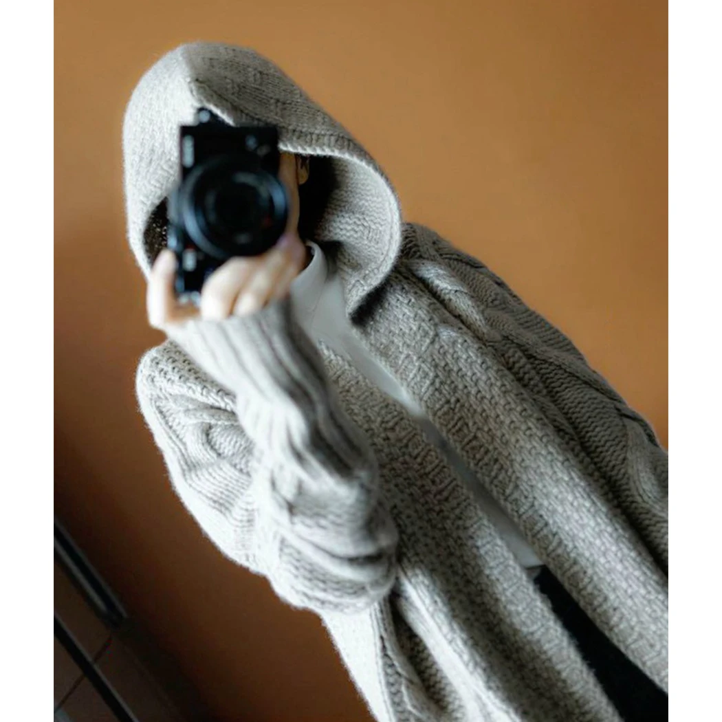 New Women Knitted Hooded Sweater Long Cardigan Autumn Long Sleeve Loose Sweaters Coat Female Warm Solid Cardigans Outwear