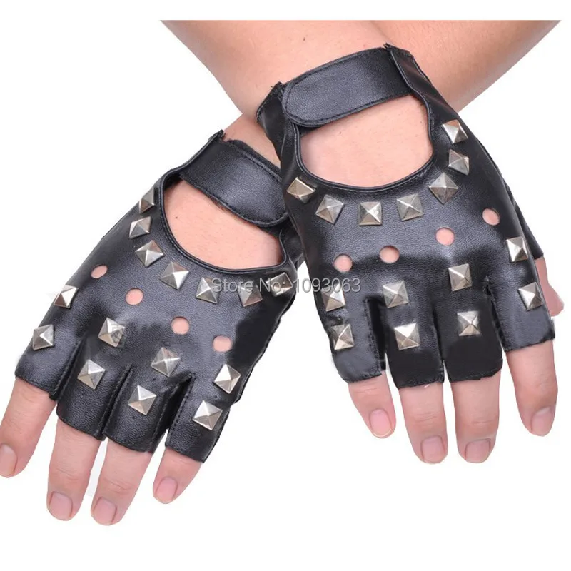 Men's Half Finger Glove Stud Faux Leather Dance Mitten Spike