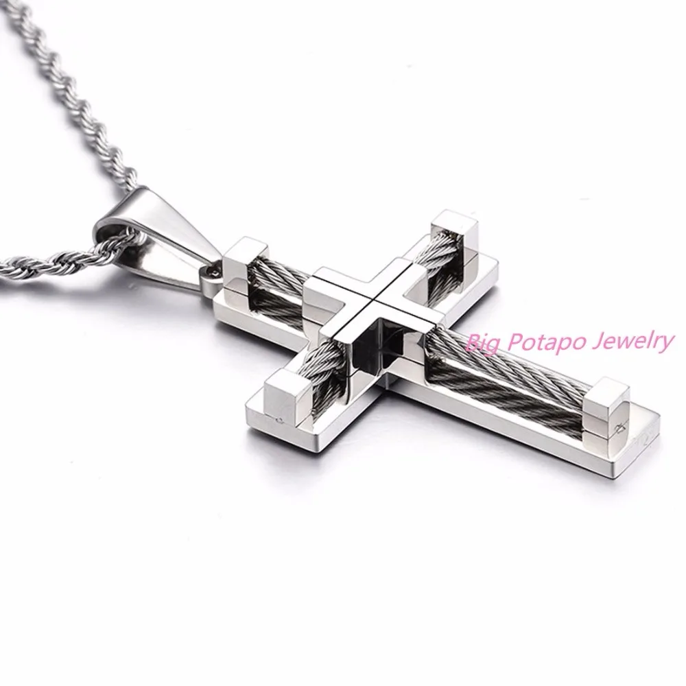 New Design Vintage Bold Large Layered Statement Cross Pendant Necklace For Men Stainless Steel 24&quot Box Chain |