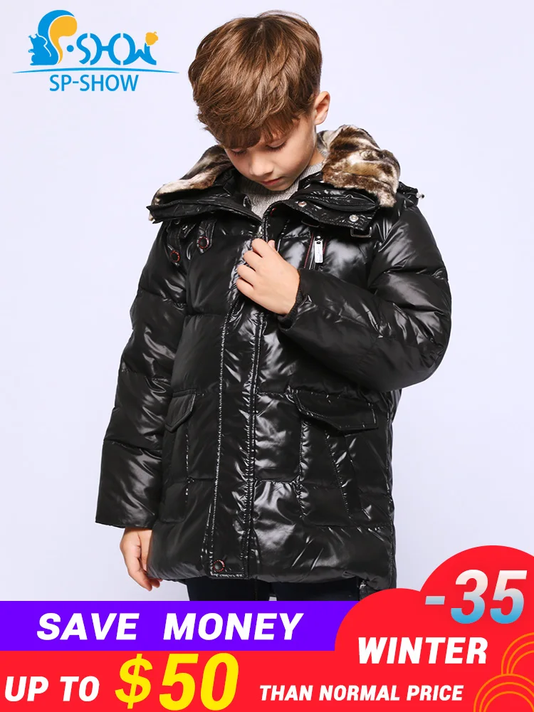 

BUY 1 COAT GET 1 FREE SCARF -30 degrees SP-SHOW Winter 90% White down coats With Fur Hood Warm Jacket For 7-13 Age Russian Coats
