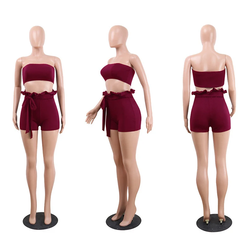 Sexy Women Summer New Brand Sets Solid Off The Shoulder Sleeveless Beach Hot Sale Vest Blouse + Shorts Two-Piece Outfit #J25 (16)