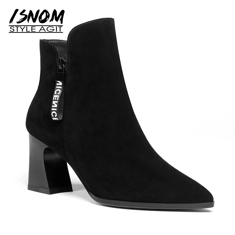 

ISNOM Winter Women Ankle Boots Pointed Toe Black Kid Suede Footwear High Heels Female Boot Shoes Women 2018 Plus Size 34-42