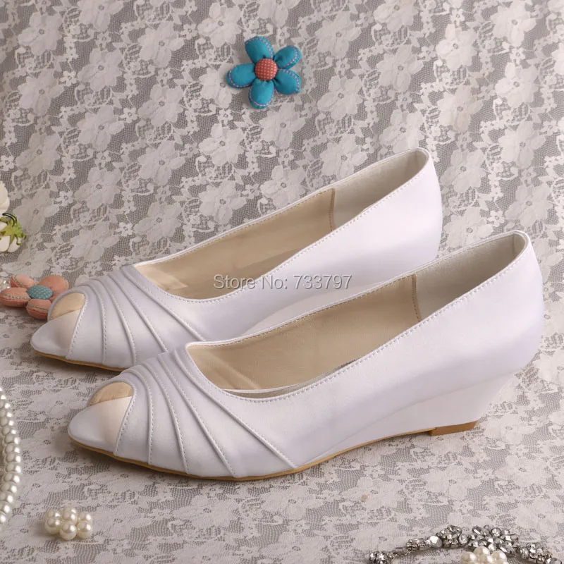 Wedopus MW506 Women Pleated White Wedding Shoes Wedge Heel Peep Toe Online Sale