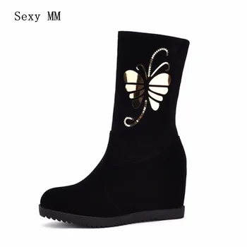 

Spring Autumn Winter Women Mid Calf Boots Wedges Height Increasing Woman Short Boots Ladies Shoes Plus Size 34-40.41.42.43