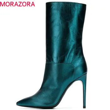 

MORAZORA 2019 new arrival ankle boots for women top quality pu pointed toe boots slip on autumn winter boots high heels shoes