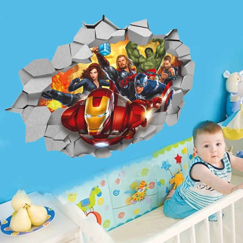 3d Marvel's Avengers Movie through wall stickers for kids room wall decals cartoon super hero wall art decor diy 45*60cm posters