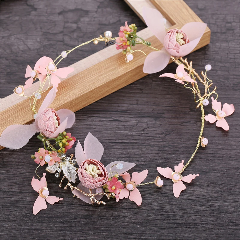 

Handmade Pink Wedding Flower Headpiece Leaf Hair Band Pearl Crystal Butterfly Headband For Women Prom Bridal Hair Jewelry