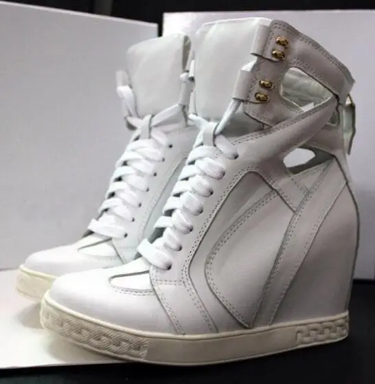 as picture Patchwork Height Increasining Women Casual Shoes Wedges Sneakers Genuine Leather Metal Toe Pink Lace Up Platform Shoes Women - Цвет: as picture