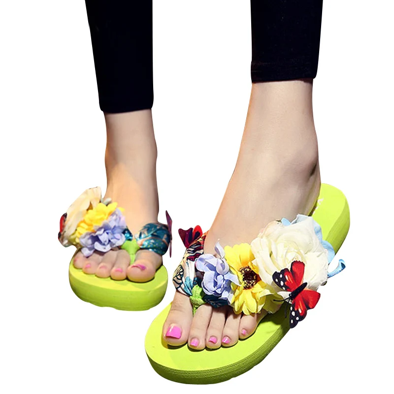 HEE GRAND/ г.; Летние вьетнамки без застежки; повседневная обувь на толстой подошве; обувь на платформе с цветами; женские удобные шлепанцы; 7 цветов; XWT576 - Цвет: green