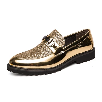 

New fashion men's shoes, wedding groom's shoes, patent leather glitter diamond piece shiny personality pointed gold shoes, loafe