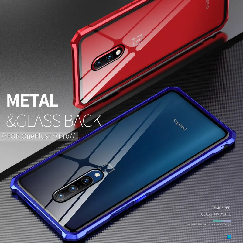 

Manual Buckle Install Hybrid Glass + Metal Bumper Case For Oneplus 7 Pro Luxury Clear Explosion-proof Glass Case For Oneplus 7
