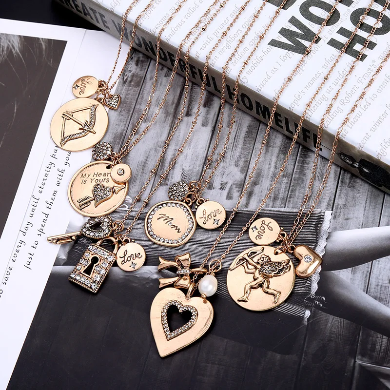 

VIVILADY Vintage Luxury Created Alloy Heart Round Square Women Pendant Necklace Charming Imitation Crystal Chic Lover Gift