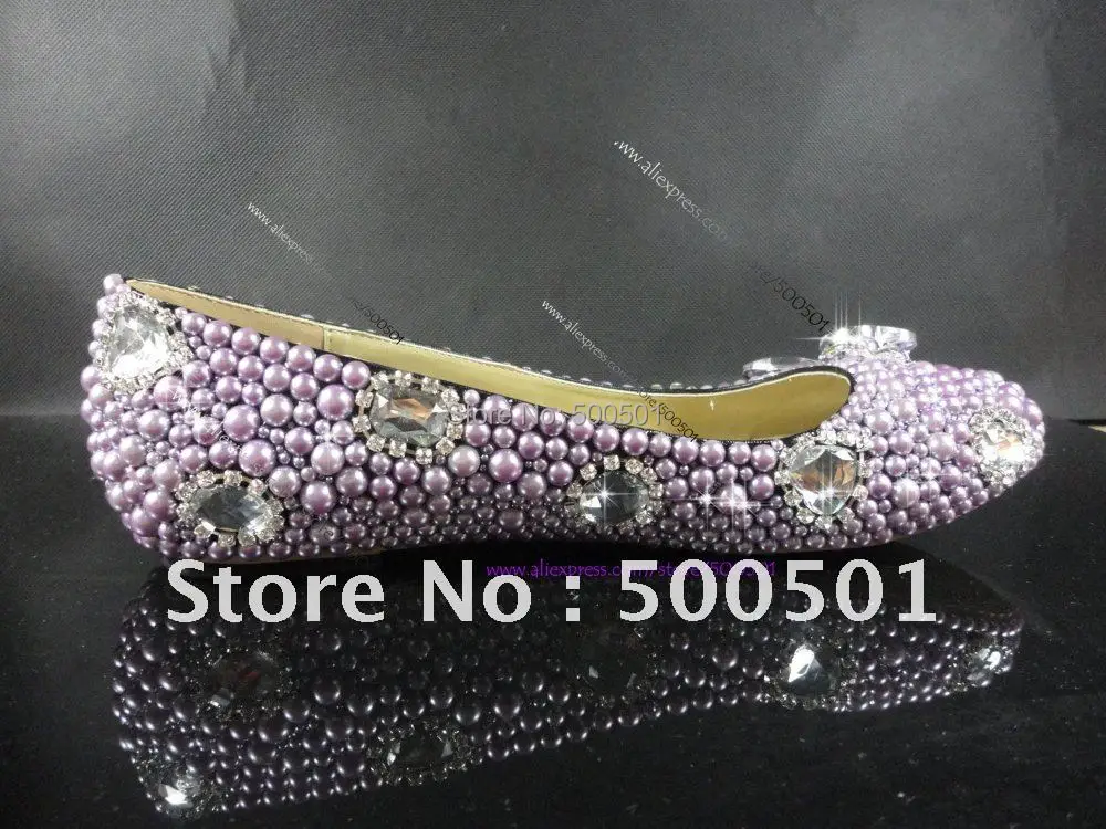 Purple FLAT SOLE WOMENS WEDDING SHOES sparkly CRYSTAL & PEARL , women