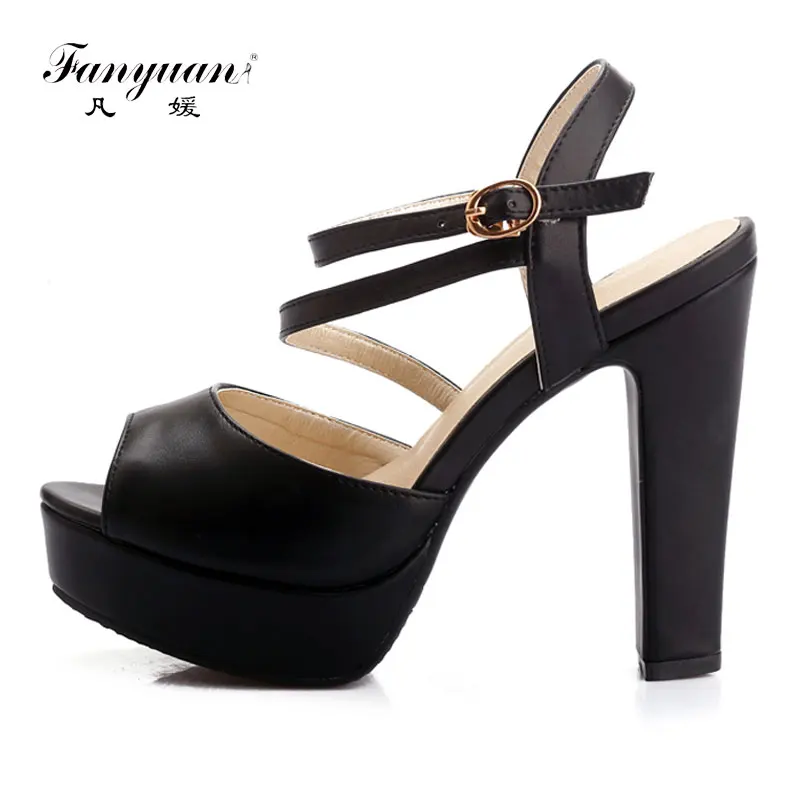 

Fanyuan Top Sale Women Sandals Ankle Strap Mature High Heel Shoes Peep Toe Square Heel Platform Pumps Solid Sandals