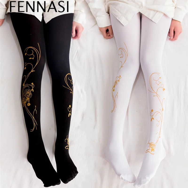 

FENNASI Lolita Cute Kawaii Tights Nylons Lady Sexy Woman Pantyhose With Print Bronzing Rose Black Tights Cosplay Patterns