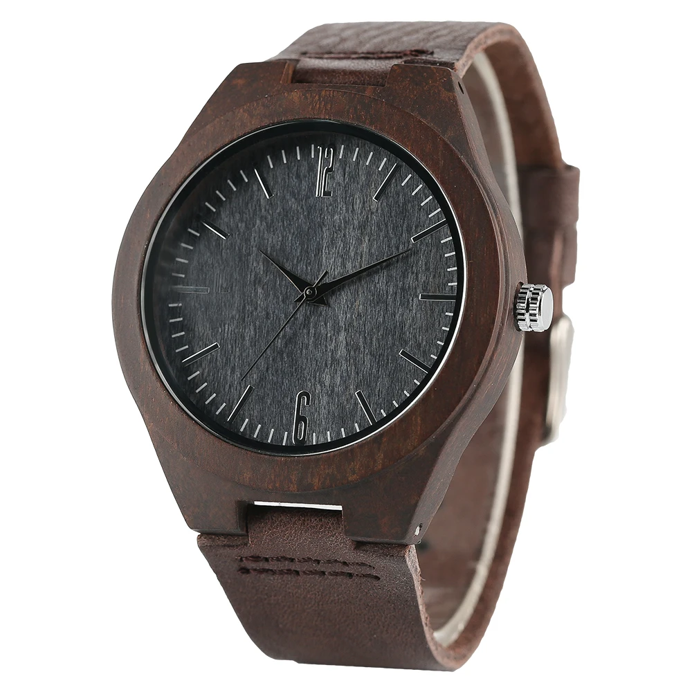 YISUYA New Arrival Men Genuine Leather Band Strap Wrist Watch Nature Wood Creative Dark Brown Women Modern Fashion Bamboo Sport (2)