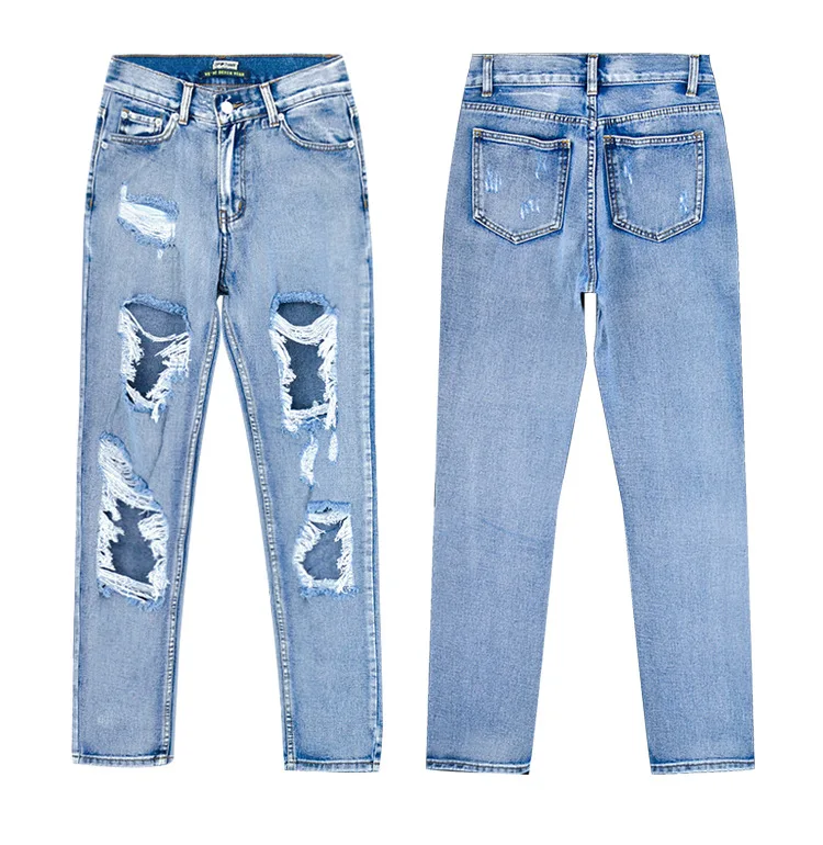 LOGAMI High Waist Loose Straight Casual Ripped Hole Jeans For Women Summer Autumn Denim Jeans Womens Light Blue