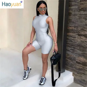

ZOOEFFBB Streetwear Silver Gray Bodycon Playsuits Womens Overalls Front Zipper One Piece Sleeveless Sexy Shorts Rompers Jumpsuit