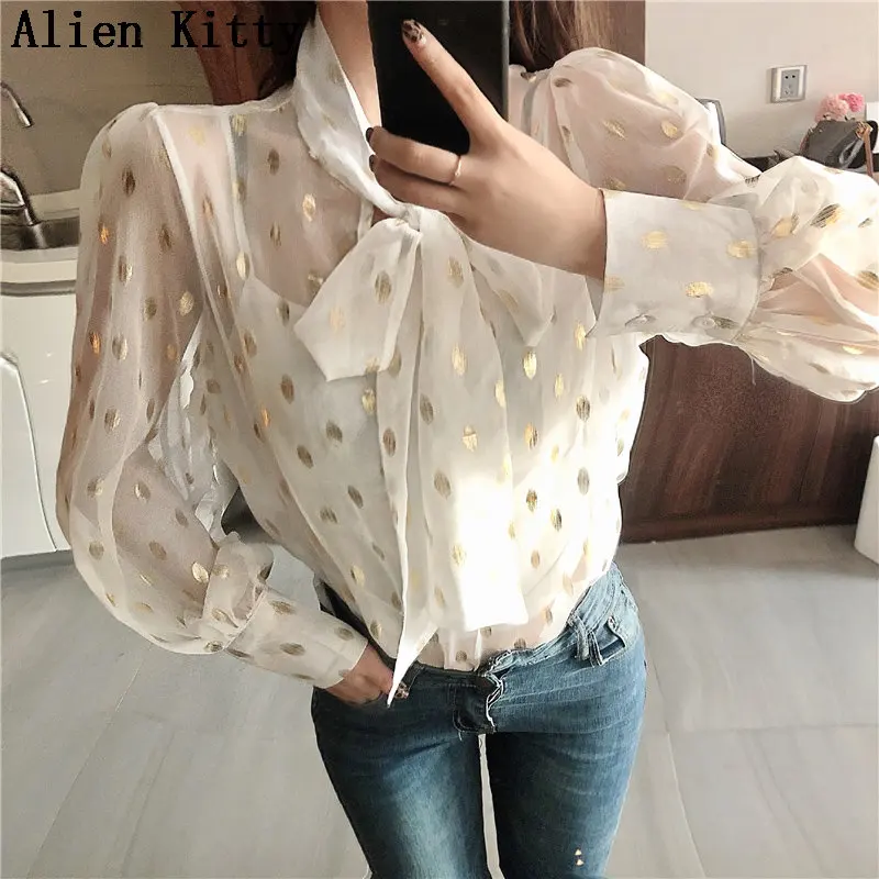 

Alien Kitty Stylish Polka Dots Regular O-Neck Bow Light 2019 Summer Elegant Simple Fresh Sweet Vintage Slim Loose Shirt 2 Colors