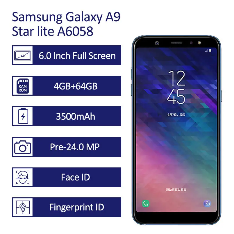 Samsung Galaxy A9 A6058 смартфон 6,0 ''FHD полноэкранный 3500 мАч 4 Гб+ 64 Гб 24 МП фронтальная камера Восьмиядерный сенсорный мобильный телефон Android