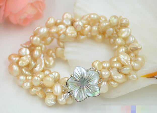 

Hot selling>@@ > 01300 4row 8" yellow lamina BAROQUE KESHI REBORN PEARL bracelet -Bride jewelry free shipping