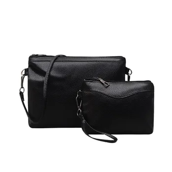 

2 PCS/Set New Fashion Women's Envelope PU Leather Messenger Bags Handbag Zipper Shoulder Crossbody Wristlet Purses Solid Black